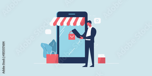 Businessman using smartphone for online shopping with digital storefront and shopping bags flat vector illustration for ecommerce and mobile commerce concept