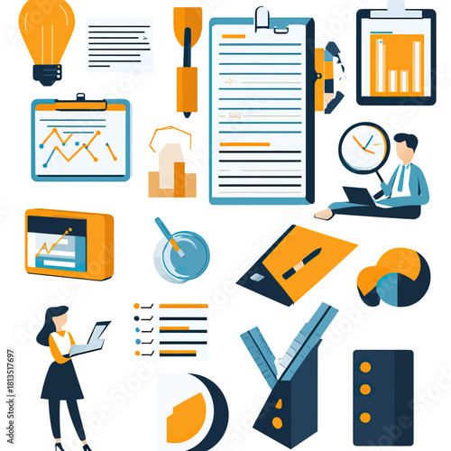 Flat vector illustration of business analytics and data research with charts, graphs, clipboard, documents, and professionals working with laptop and tablet in minimalistic style
