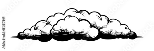 Black and white engraved cloud outline with detailed shading in flat minimalist style vector illustration for weather and nature design elements