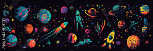 Colorful retro style space elements vector set with planets, rockets, astronauts, stars, cosmic clouds, moons, and surreal space objects on black background for psychedelic cosmic illustrations