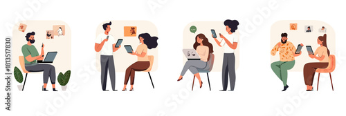 People Using Digital Devices for Communication and Remote Work in Minimalist Flat Vector Illustration Showing Men and Women with Smartphones, Tablets, Laptops Chatting and Video Calling from Home