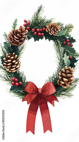 Traditional Christmas wreath with pinecones holly berries evergreen branches and red ribbon bow festive holiday decoration on white background vector illustration