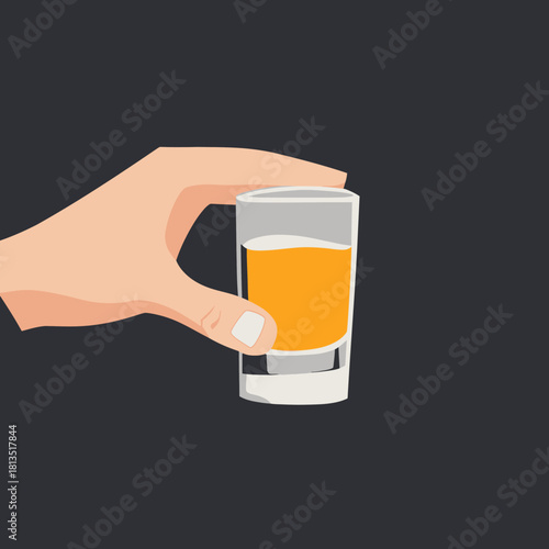 Hand holding transparent shot glass filled with amber drink isolated on dark background flat minimalist vector illustration
