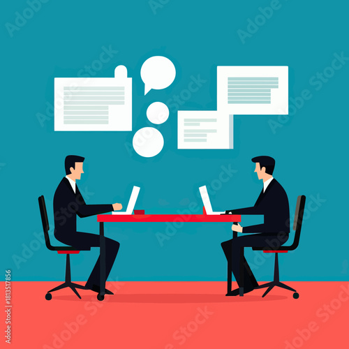 Two business men working on laptops sitting opposite each other at red desk with communication chat bubbles above minimal flat vector illustration
