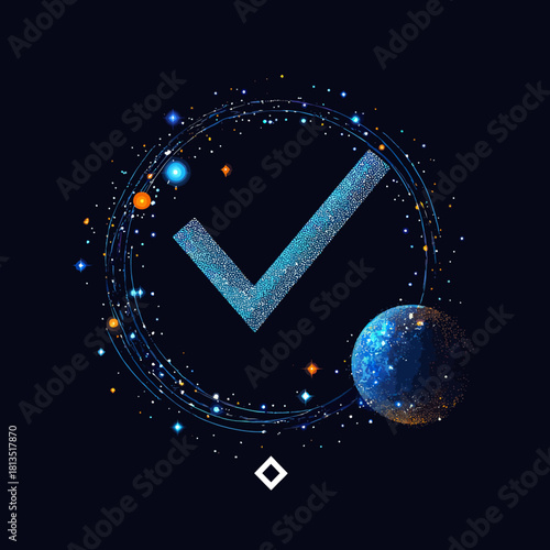 Check mark symbol composed of glowing blue dots with surrounding orbiting planets and stars in space-themed abstract cosmic vector design on dark background