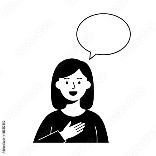Woman with Speech Bubble Gesturing Hand on Chest Vector Illustration