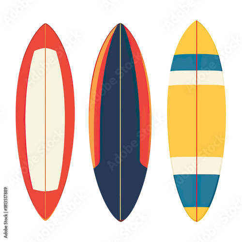 Set of three colorful modern surfboards with minimalist flat design in red, navy blue, orange, yellow, and teal colors isolated on white background for water sports and beach lifestyle concept