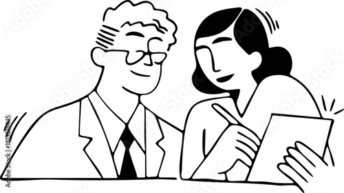 Teamwork creates success: Two colleagues collaborate, brainstorming ideas and writing down strategies for innovative solutions and business growth, originally vector