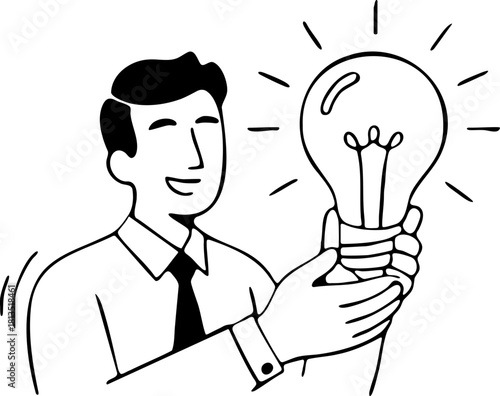 Brilliant idea moment: Smiling man showcases innovation with glowing lightbulb, original vector illustration for startup success and visionary leadership