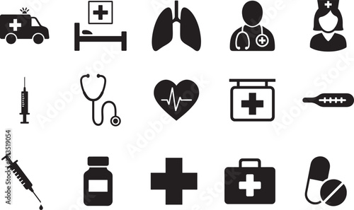   Bold medical icon set in clean vector EPS style, featuring essential healthcare symbols for modern design.