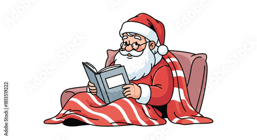 Illustration of a cozy Santa Claus character sitting and reading a book under a warm striped blanket on a white background