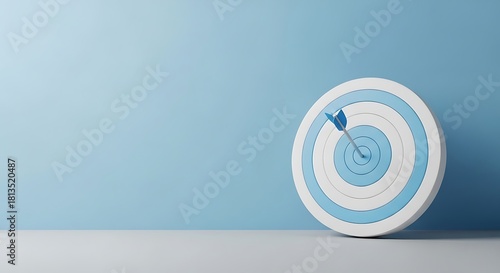 Arrow hitting bullseye on a blue and white target, achieving goal, success concept