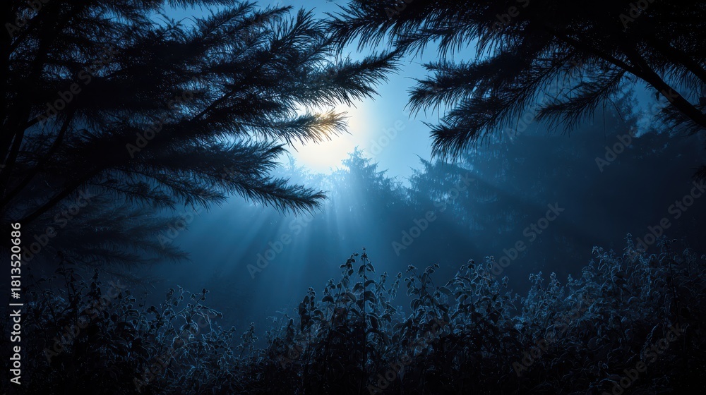 Fototapeta premium A serene forest scene illuminated by soft blue light at dusk.