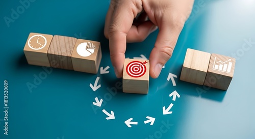 Hand placing target block in strategic circular arrow path for business goals