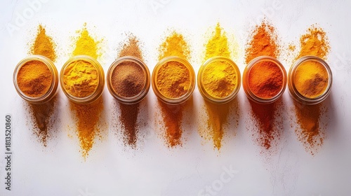 Fototapeta Naklejka Na Ścianę i Meble -  Seven jars of spice powders in shades of yellow, orange, and brown on white surface