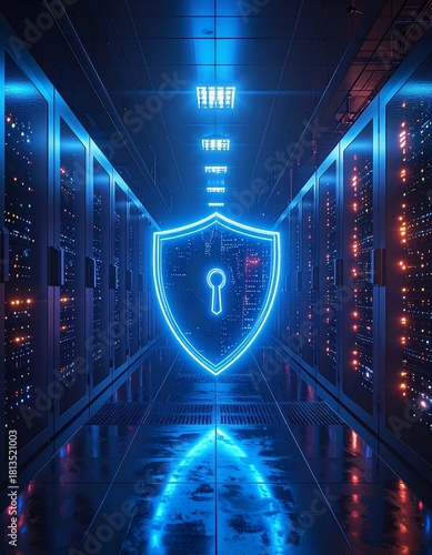 Wallpaper Mural Cybersecurity concept featuring neon shield in a data center environme Torontodigital.ca