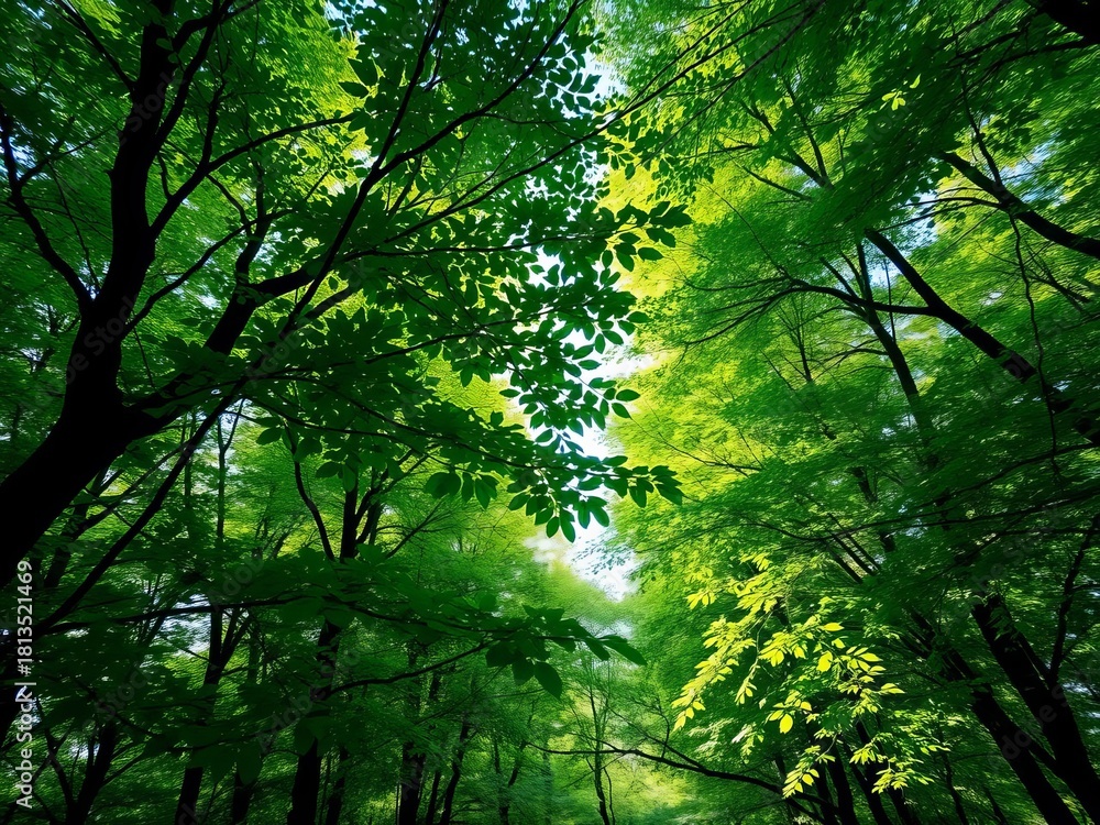 Fototapeta premium Lush green tree canopy with dappled sunlight filtering through its leaves, creating a serene forest scene, arboreal, shady