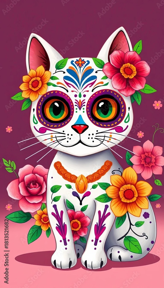 Fototapeta premium Mexican Day of the Dead sugar skull cat with floral design, charming calaca illustration, cat, tattoo