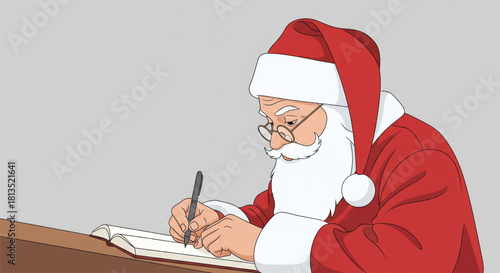 A festive cartoon illustration of Santa Claus with glasses and a white beard writing in his large book with a pen