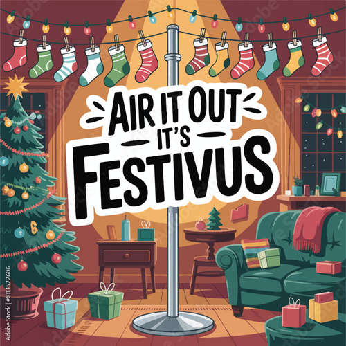 Colorful Festivus-themed t-shirt designs, featuring retro, vintage, and modern illustration styles. The artwork includes humorous Festivus slogans, “Festivus vibes only,” “Ask me about my Festivus,” “