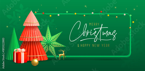 Holiday Christmas background with 3d plastic Christmas trees, gift box, string of lights, star and golden deer. Vector illustration