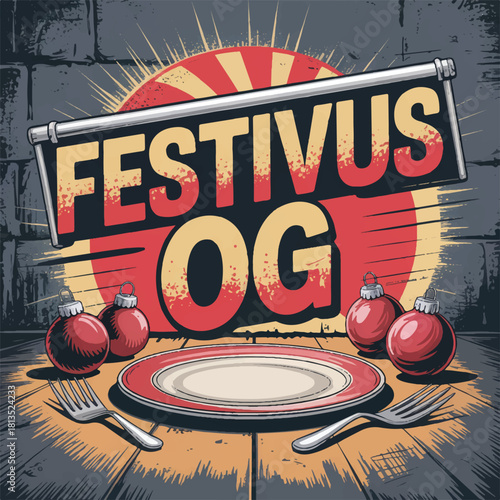 Colorful Festivus-themed t-shirt designs, featuring retro, vintage, and modern illustration styles. The artwork includes humorous Festivus slogans, “Festivus vibes only,” “Ask me about my Festivus,” “