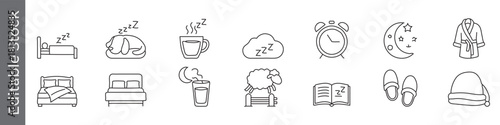 Sleep and bedtime routine line icon set – editable outline symbols of bed, pillow, alarm clock, moon, slippers, and nightcap