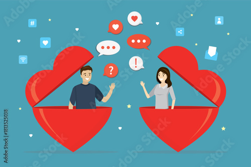 Male and female characters looking from opened red hearts. Young funny man and woman talk, laugh and flirt on the first date. Loving couple, communication, chatting.