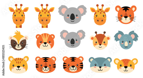 A delightful collection of cute cartoon animal faces, including giraffes, koalas, tigers, and bears, perfect for children's designs.