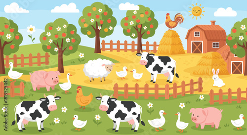 A cheerful and vibrant cartoon farm scene bustling with an assortment of domestic animals, fruit trees, barns, and hay bales under a sunny sky.