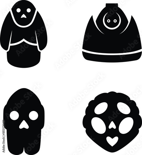 Set of cute fantasy forest spirit black silhouette vector icons representing mythical animated characters and ghostly figures.