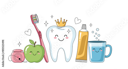 A happy, crowned tooth shines brightly amidst dental hygiene essentials and a fresh apple, promoting excellent oral health.