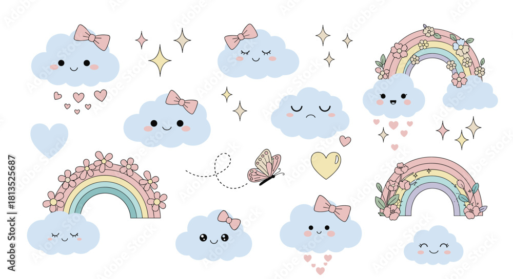 Fototapeta premium Sweet illustration featuring kawaii clouds, floral rainbows, hearts, and a butterfly, perfect for kid's projects.