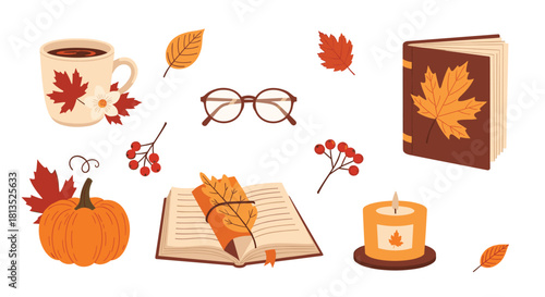 A cozy collection of autumn essentials, including a warm drink, books, fall leaves, a pumpkin, and a lit candle, perfect for the season.