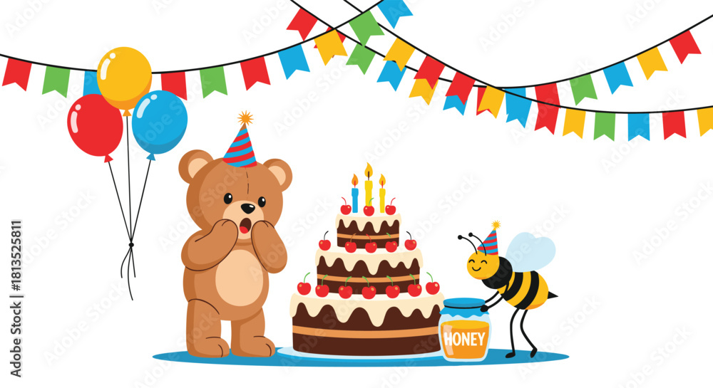 Fototapeta premium Cute teddy bear and happy bee celebrate a birthday party with a tiered cake, balloons, and colorful decorations.