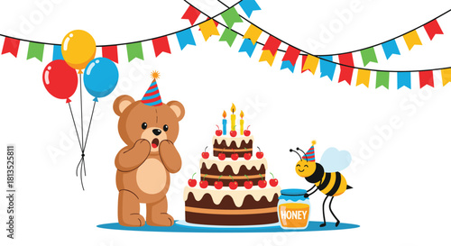 Cute teddy bear and happy bee celebrate a birthday party with a tiered cake, balloons, and colorful decorations.
