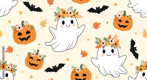 Adorable Halloween seamless pattern featuring cute ghosts wearing floral crowns, smiling jack-o'-lanterns, flying bats, and colorful autumn leaves.