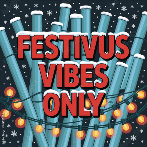 Colorful Festivus-themed t-shirt designs, featuring retro, vintage, and modern illustration styles. The artwork includes humorous Festivus slogans, “Festivus vibes only,” “Ask me about my Festivus,” “