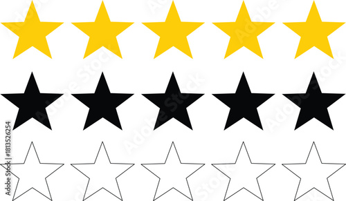 Five star rating. Yellow review stars representing quality score and positive feedback. Vector illustration.