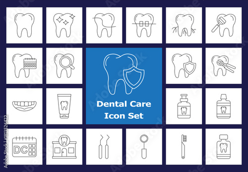 A comprehensive set of outline icons for dental care, oral hygiene, and stomatology. Icons include healthy and protected teeth, braces, cavities, cleaning tools (toothbrush, mirror, scaler), toothpast