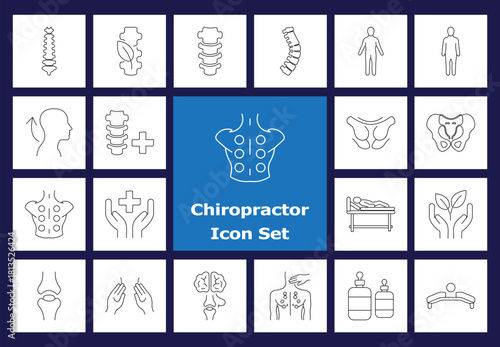 A set of outline icons related to chiropractic, spinal care, and physical therapy. Includes illustrations of vertebrae, spine anatomy, human figures, pelvic bone, back massage, physical adjustment, ha