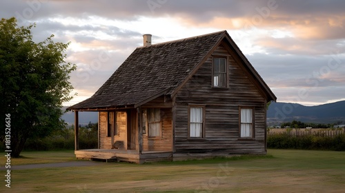 Wallpaper Mural Rustic weathered wooden house with gabled roof and porch at sunset in a grassy field Torontodigital.ca