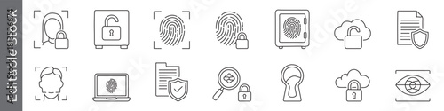 Eye scan, privacy and security line icon set – editable outline symbols of fingerprint, lock, shield, document, cloud