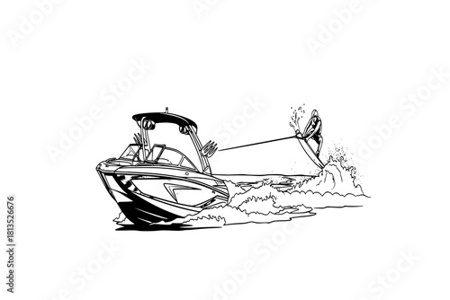 A wakeboard boat pulling a wakeboarder doing a trick.
