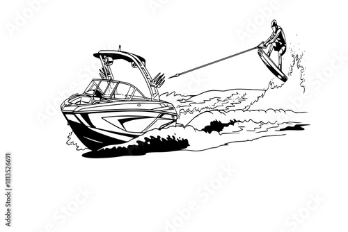 A wakeboard boat pulling a wakeboarder doing a trick.
