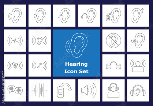 A detailed set of thin line icons representing hearing health, audiology, and sound. Icons include different ear shapes, hearing aids, sound waves, restricted hearing symbols, music notes, speech bubb