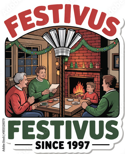 Colorful Festivus-themed t-shirt designs, featuring retro, vintage, and modern illustration styles. The artwork includes humorous Festivus slogans, “Festivus vibes only,” “Ask me about my Festivus,” “