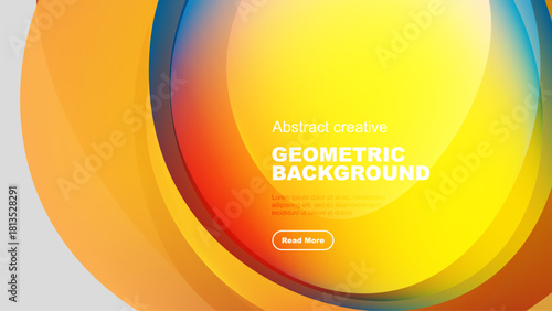 Bright abstract layers create dynamic geometric background. Text invites further exploration. Vivid colors dominate composition.