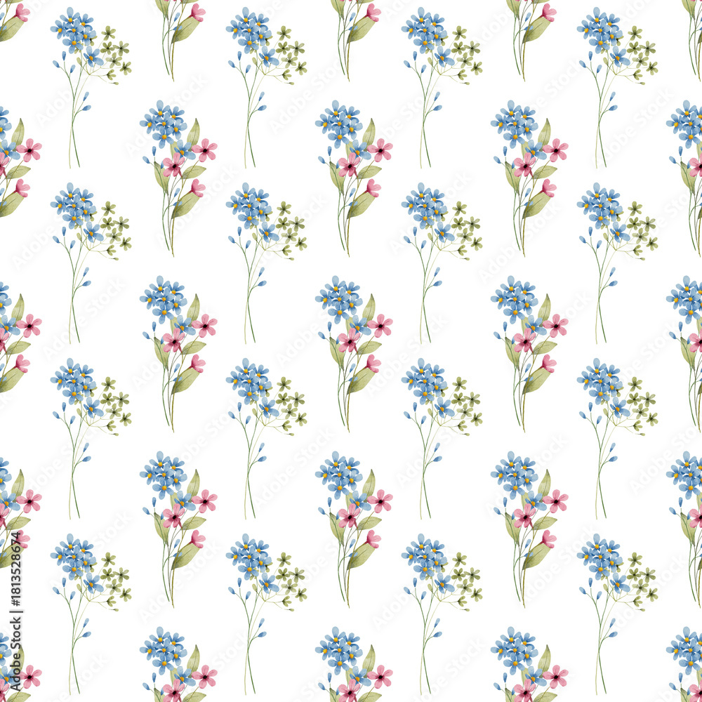 Obraz premium Seamless pattern, flower background with watercolor bouquets. Repeat fabric wallpaper print texture. Perfectly for backdrop, wrapped paper.