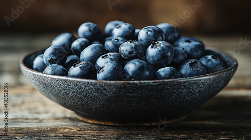 Wallpaper Mural A bowl of blueberries photographed in diffused natural window light, matte texture, deep blue tones, shallow depth of field, rustic wooden surface. Torontodigital.ca